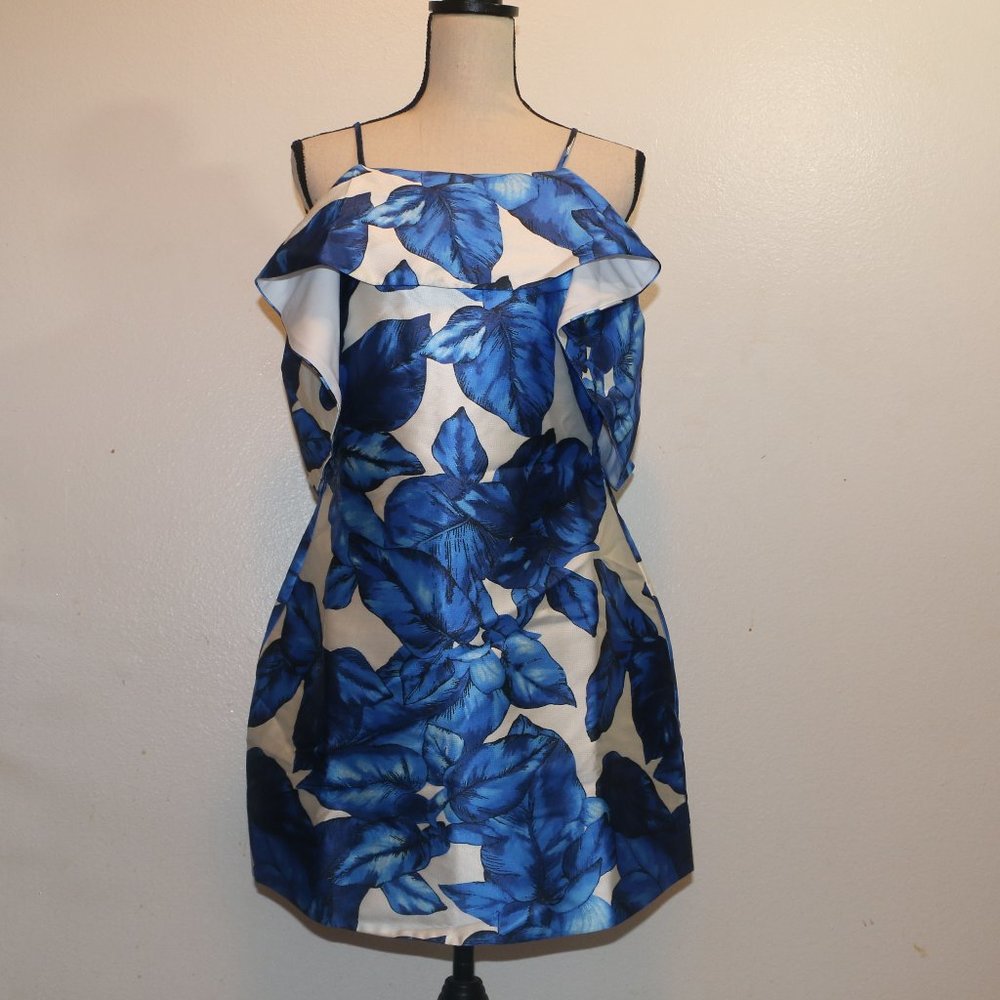 Renn White and Blue Palm Leaf Print Mini Dress - Size Large